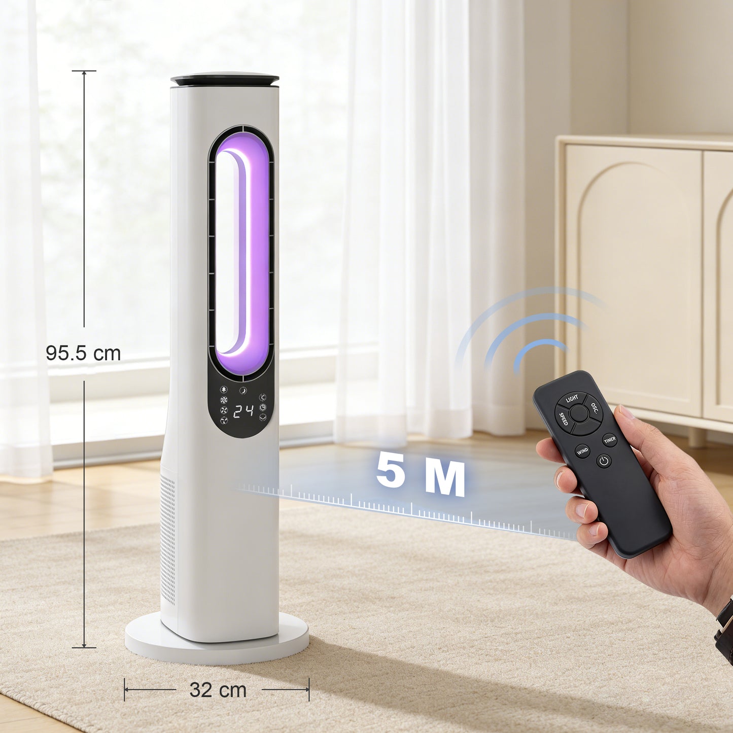 Bladeless Tower Fan | 35dB Sleep Mode | 50° Oscillation | 3-Colour LED | 15hr Timer | Remote | White