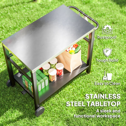 Outsunny Outdoor Grill Dining Cart 2-Shelf Movable Pizza Oven Table Stand with Stainless Steel Top, Portable BBQ Trolley Food Prep Outdoor Kitchen BBQ Station