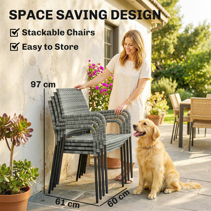 6-Piece Rattan Garden Dining Set with Parasol | 4 Stackable Chairs | Tempered Glass | Light Grey