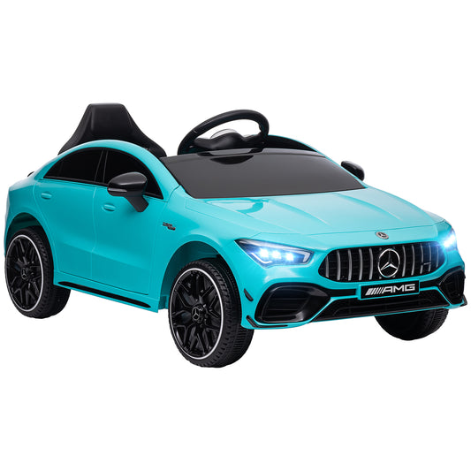 Mercedes-AMG CLA 45 Licensed 12V Kids Electric Car Ride on Car w/ Remote, Suspension Lights Music Horn - Light Blue / White / Yellow
