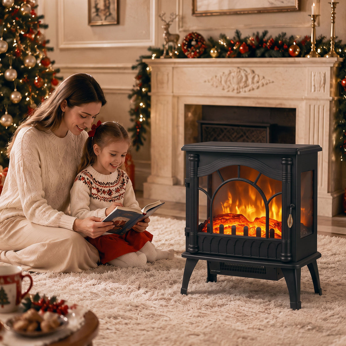 3-Sided Glass Electric Stove Fire | 1000W/2000W Fan Heater, Adjustable Flame Brightness & Thermostat | Freestanding Black | 55 × 31 × 58cm | C Rated