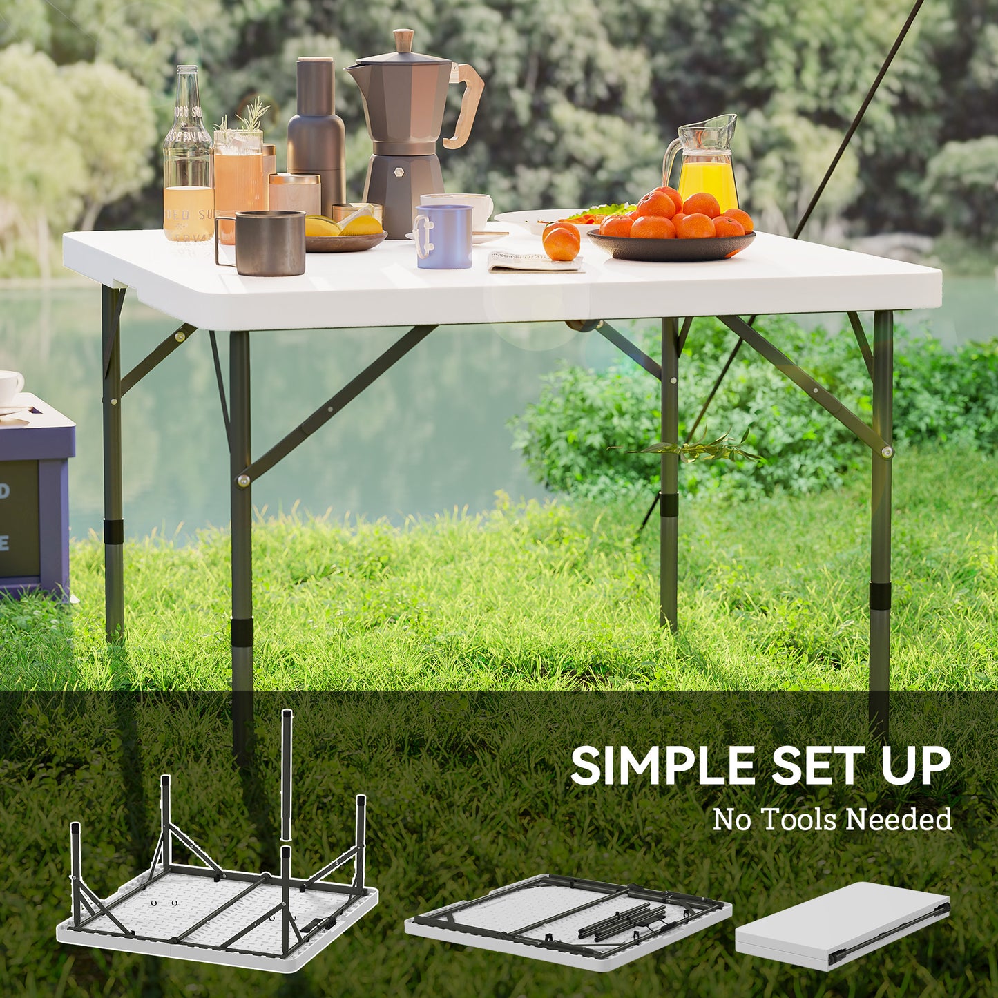3ft Folding Camping Table, Heavy Duty Picnic Table with 2 Adjustable Height for Indoor Outdoor Garden, Party, BBQ, White