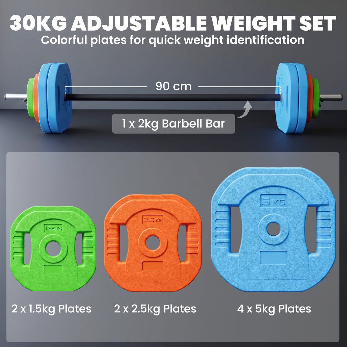 SPORTNOW Adjustable Barbell Weights Set | 20kg or 30kg Options | 140cm Three-Piece Steel Bar | Square Grip Plates & Fixing Clips | Multicolour