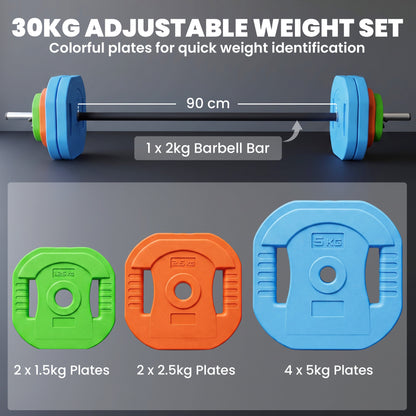 SPORTNOW Adjustable Barbell Weights Set | 20kg or 30kg Options | 140cm Three-Piece Steel Bar | Square Grip Plates & Fixing Clips | Multicolour