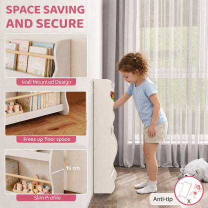 AIYAPLAY White 3-Tier Kids Bookshelf | 60cm Wide Slim Book Display with Pine-Tone Rails | Wall-Fixed Design | Ages 3–8