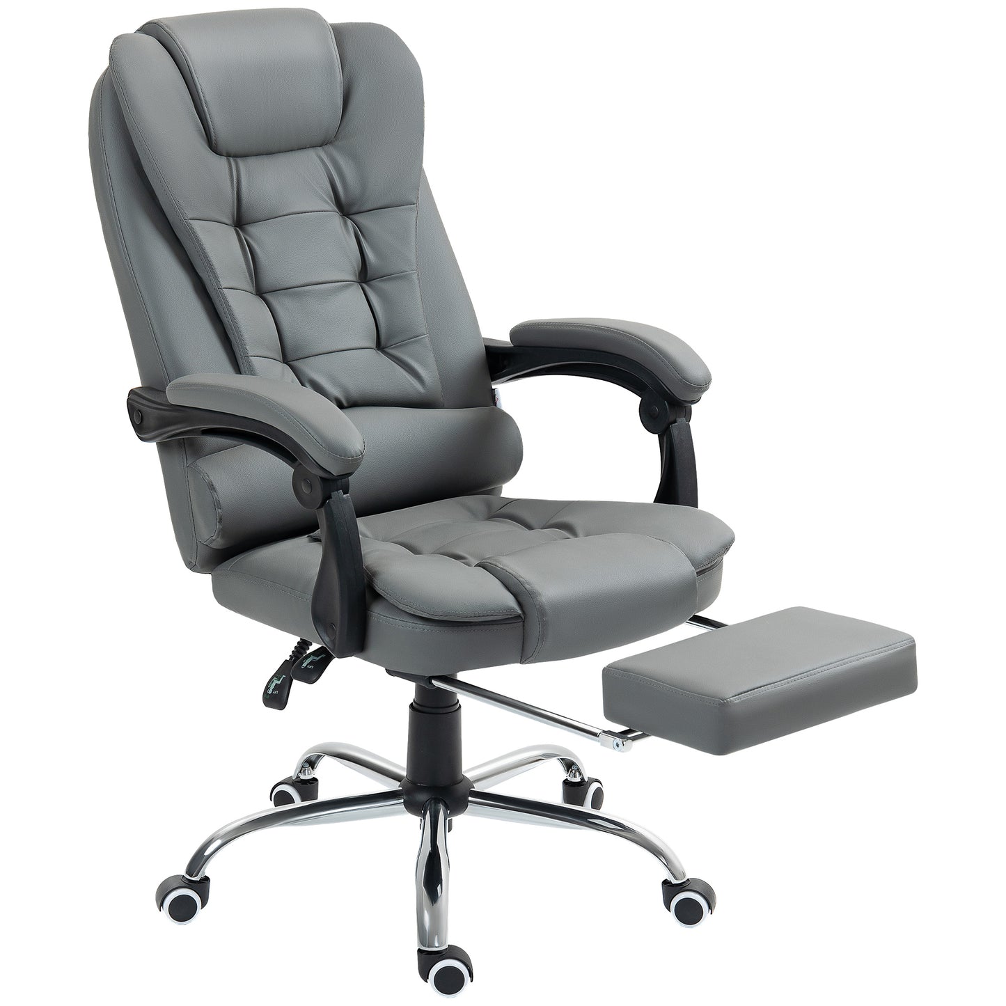 Executive Office Chair, PU Leather Home Office Chair with Swivel Wheels, Reclining Backrest, Retractable Footrest, Grey