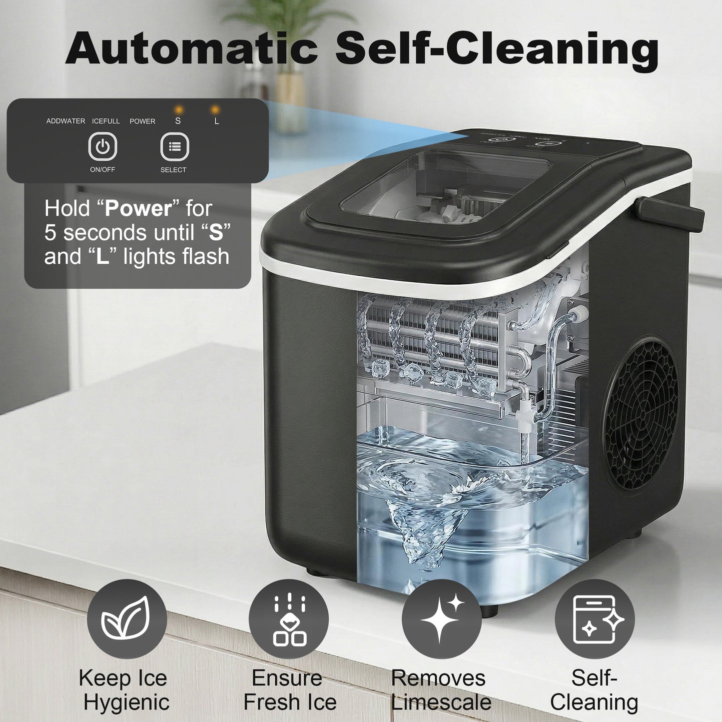 Countertop Ice Maker | 9 Cubes in 7 Mins | 12kg Daily | 2 Sizes | Self-Clean | Black