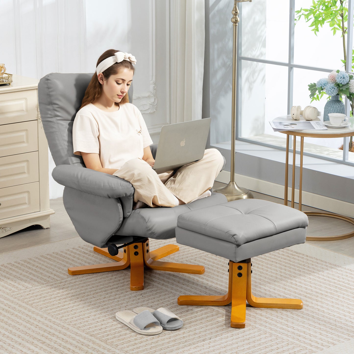 PU Leather Swivel Recliner Chair with Footstool, Wooden Base and Storage for Living Room, Light Grey