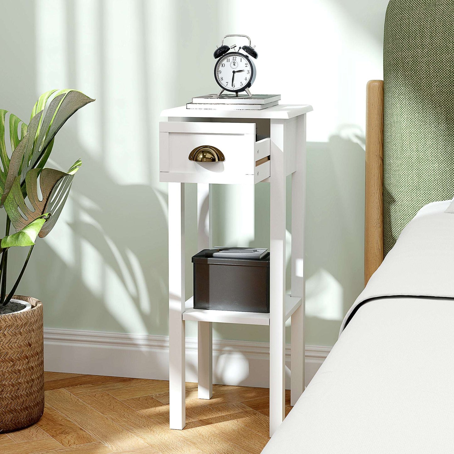 Set of 2 Side Tables | Drawer & Open Shelf | Slim 30x30x75cm | Anti-Tip | Elevated Base | MDF | White