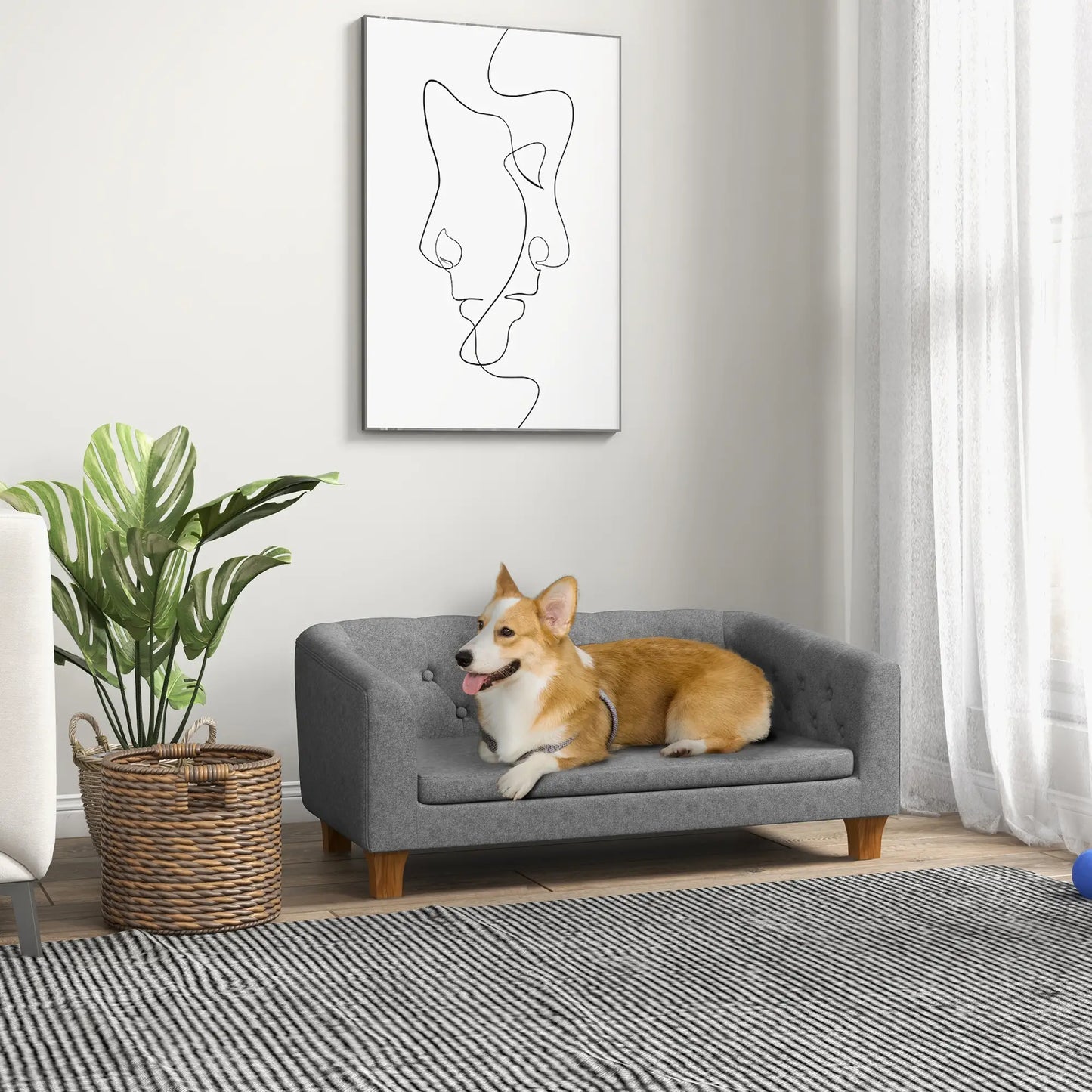 PawHut Raised Dog Sofa, Elevated Pet Sofa for Small Medium Dogs, Grey