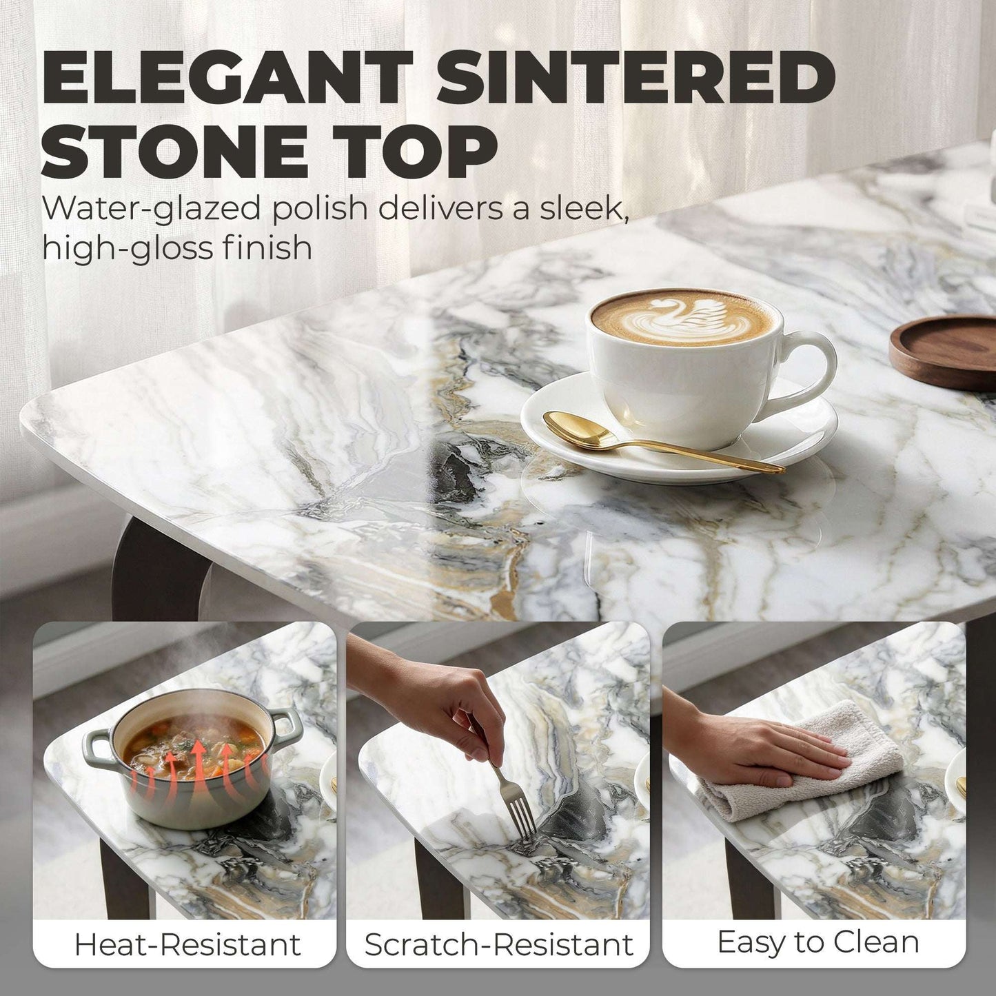 Sintered Stone Dining Table | 4 Seater | 130x70x75cm | Heat & Scratch Resistant | Stain-Resistant | Metal Legs | Adjustable Feet | White