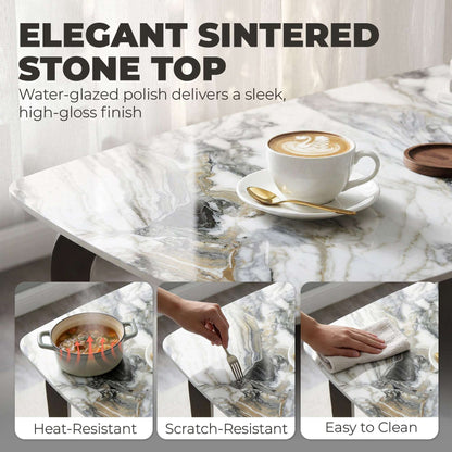 Sintered Stone Dining Table | 4 Seater | 130x70x75cm | Heat & Scratch Resistant | Stain-Resistant | Metal Legs | Adjustable Feet | White