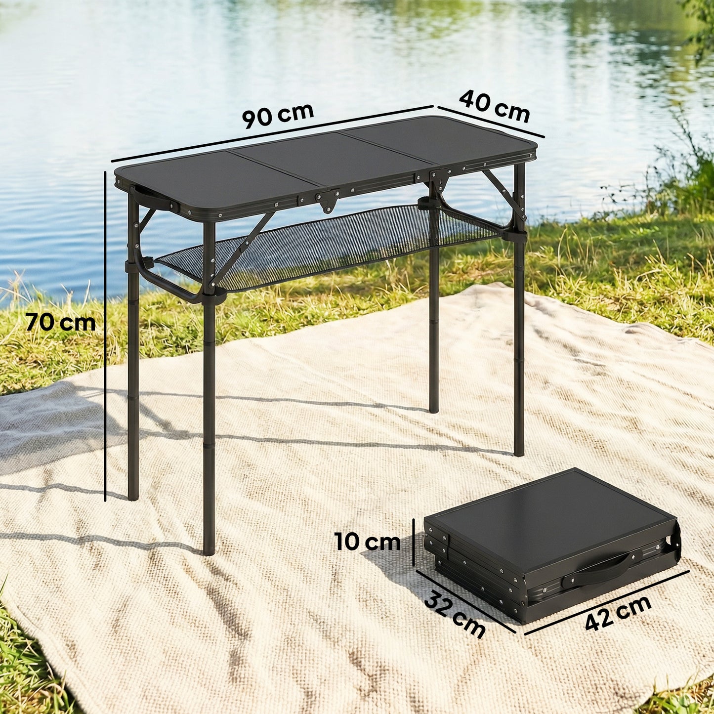 3ft Folding Camping Picnic Table | Tri-Fold | 90x40cm | Water Repellent MDF Top | Mesh Storage Layer | Carry Bag | 35kg | Black