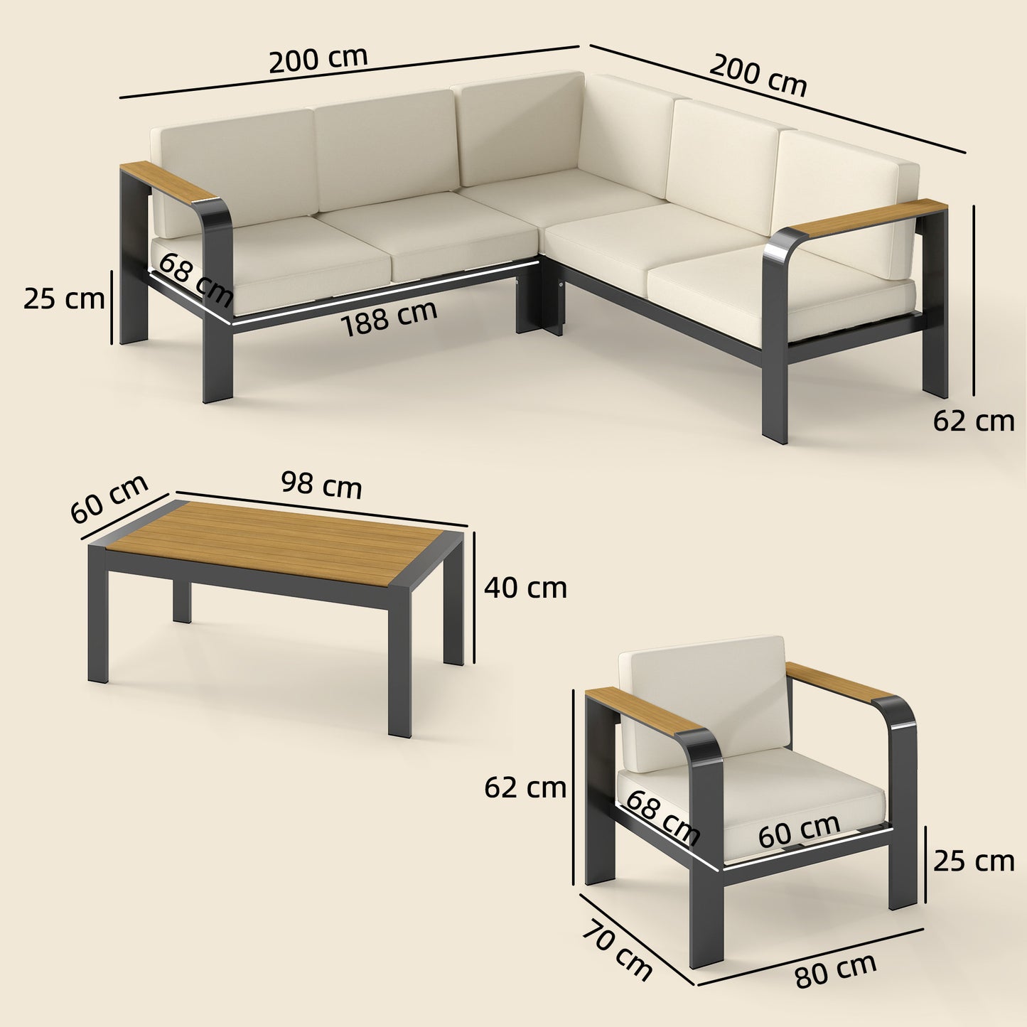 Aluminium Garden Corner Sofa Set | L-Shaped Sofa, Armchair & Table | 12cm Olefin Cushions | Beige