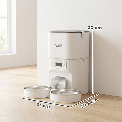 Automatic Pet Feeder | Dual Bowl | LCD Screen & Button Control | Anti-Jam | Airtight Lid | 4L / 16 Cup Tank | Dual Power | Cats & Dogs up to 15kg | White