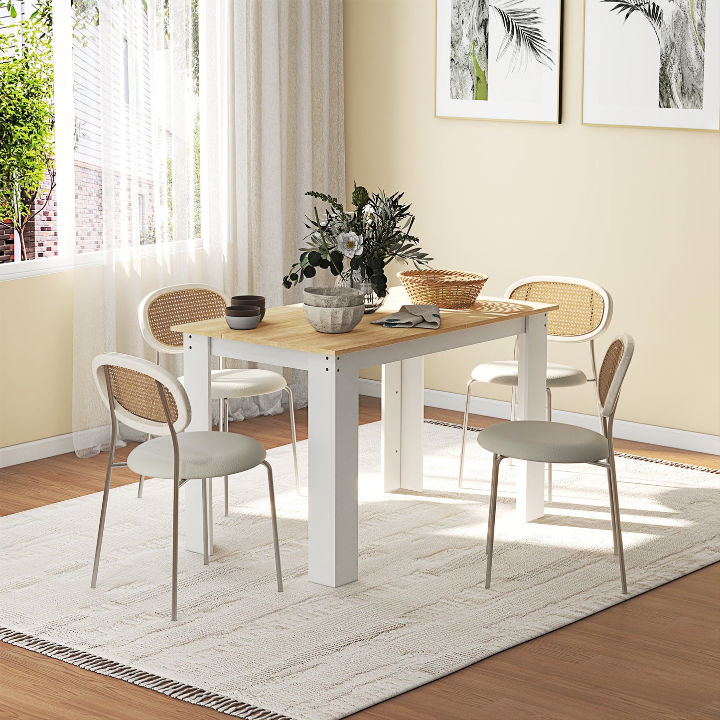 Wood Effect Dining Table | 4-6 Seater | 120x69x75cm | Melamine Surface | Water Resistant | Triangular Legs | Oak & White