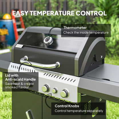 4+1 Burner Gas BBQ Grill with Clear View Lid, Portable Gas Barbecue Grill with Built-in Thermometer, Side Table, Cabinet, for Garden Party Outdoor Cooking