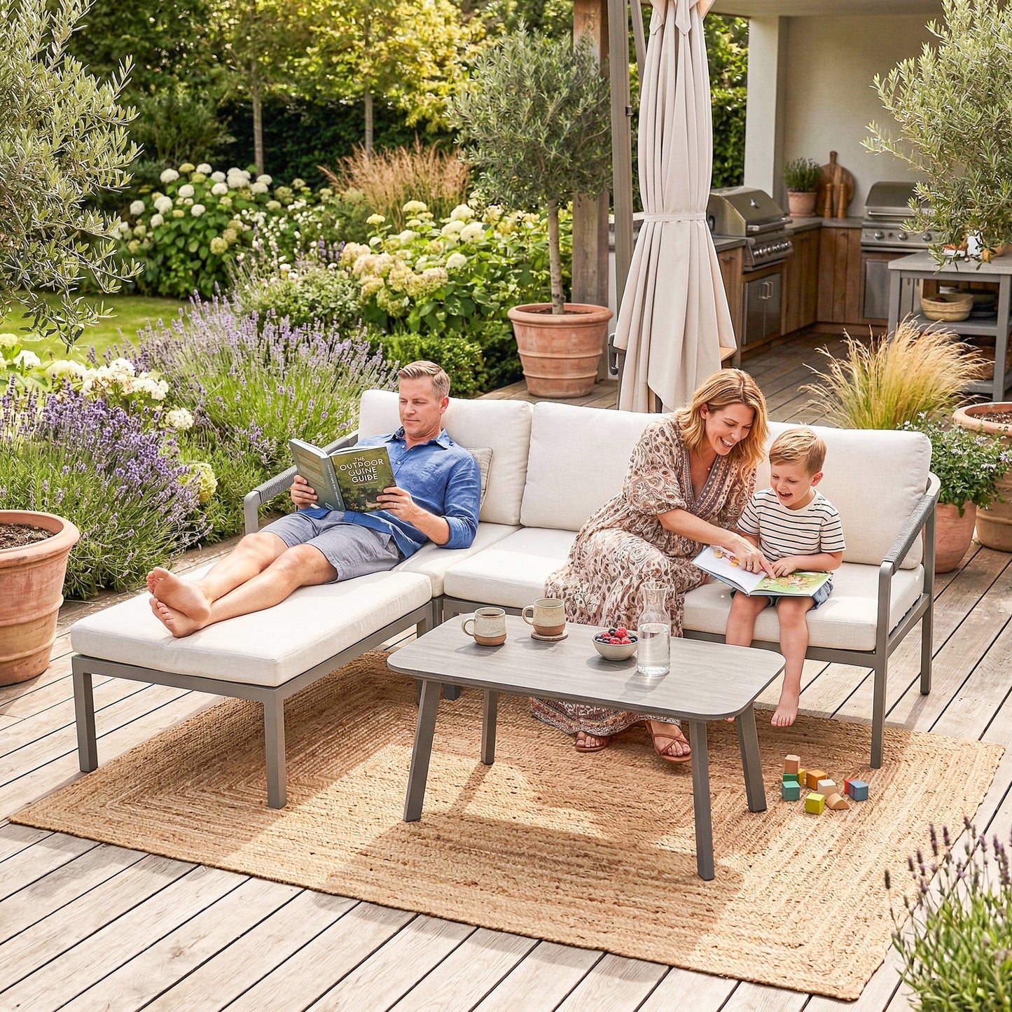 3-Piece Garden Sofa Set | 3-Seater Sofa, Footstool & Coffee Table | 10cm Cushions | 360kg | Grey