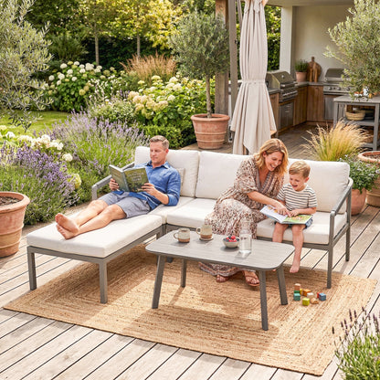 3-Piece Garden Sofa Set | 3-Seater Sofa, Footstool & Coffee Table | 10cm Cushions | 360kg | Grey
