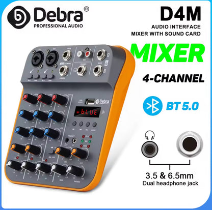 Debra 4 Channel Mixer DJ Console D4M Audio Interface With Reverber Bluetooth 5.0 48V Sound Card For PC Recording Karaoke Singing
