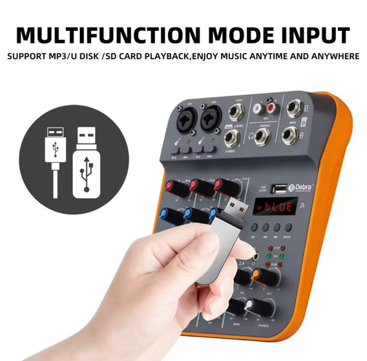 Debra 4 Channel Mixer DJ Console D4M Audio Interface With Reverber Bluetooth 5.0 48V Sound Card For PC Recording Karaoke Singing