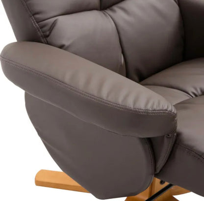 Faux Leather Swivel Recliner Chair with Footstool, Wooden Base and Storage for Living Room, Brown