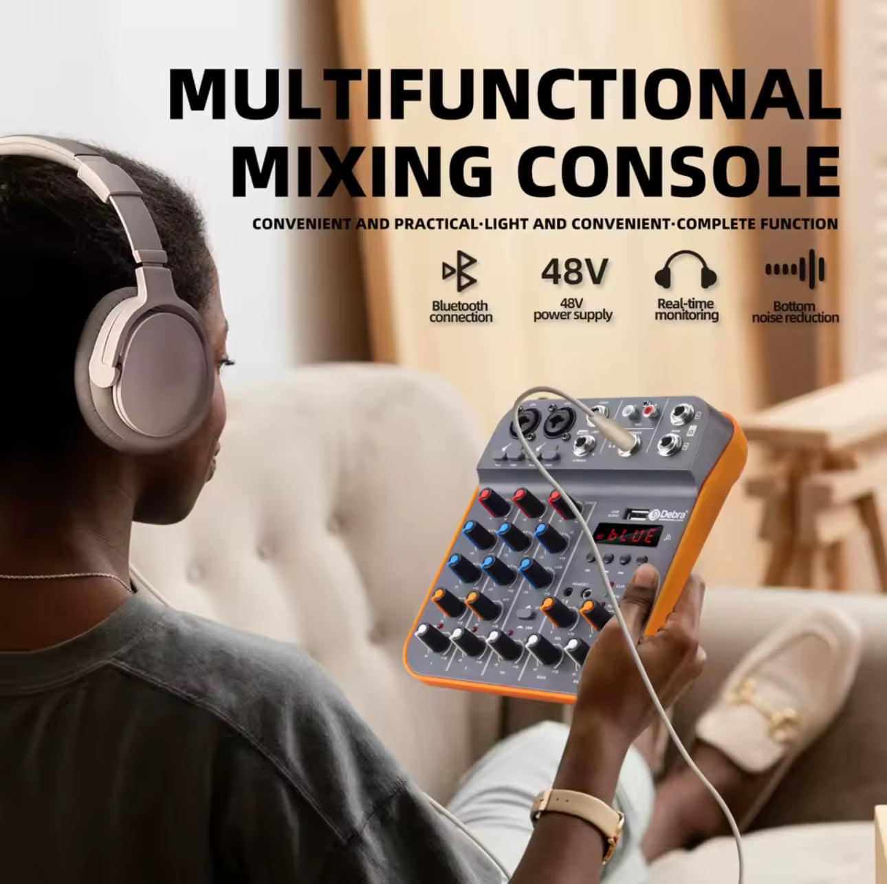 Debra 4 Channel Mixer DJ Console D4M Audio Interface With Reverber Bluetooth 5.0 48V Sound Card For PC Recording Karaoke Singing