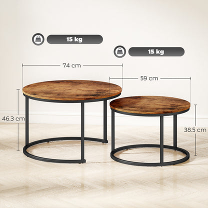 Coffee Table Set of 2, Round Nest of Tables with Metal Frame, Modern Side Tables for Living Room, Rustic Brown