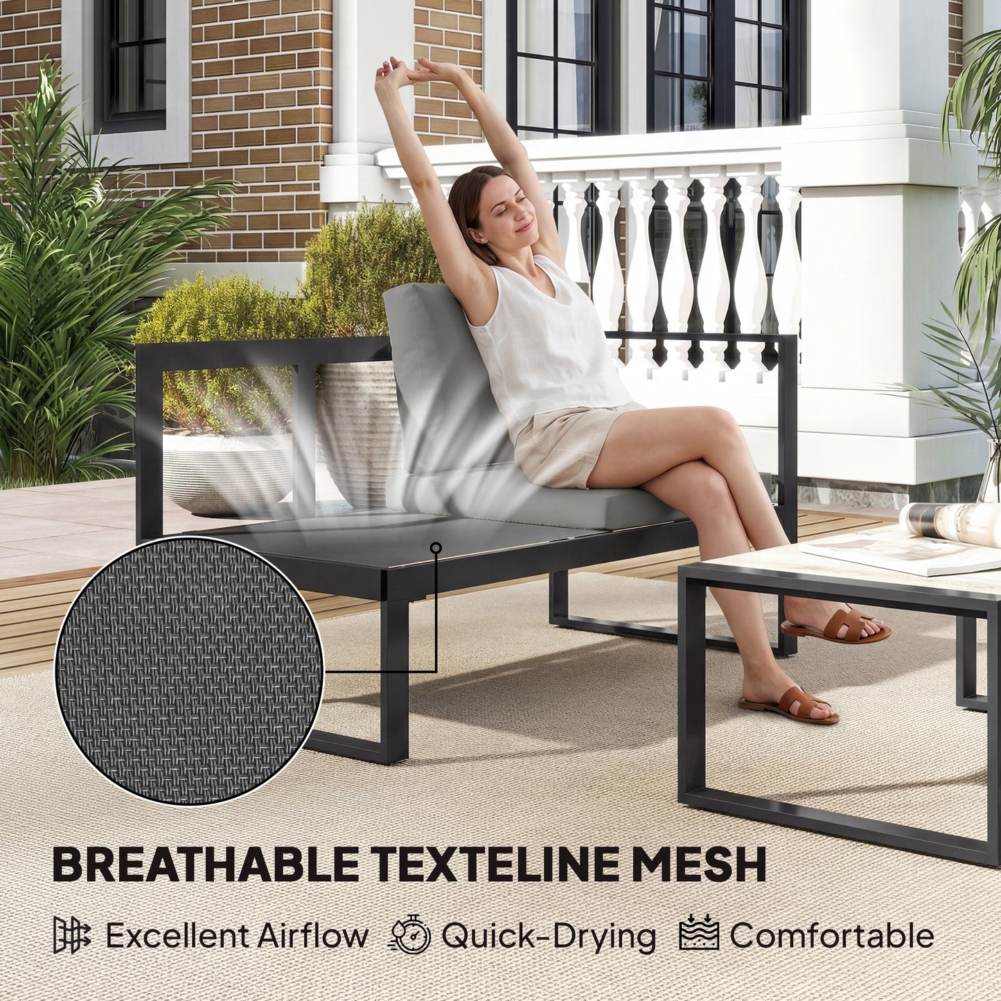 4-Piece L-Shape Garden Sofa Set | 2 Loveseats | Armless Chair | Coffee Table | Texteline Mesh | 10cm Seat & 16cm Back Cushions | 240kg | Dark Grey