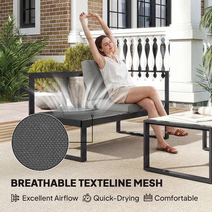 4-Piece L-Shape Garden Sofa Set | 2 Loveseats | Armless Chair | Coffee Table | Texteline Mesh | 10cm Seat & 16cm Back Cushions | 240kg | Dark Grey