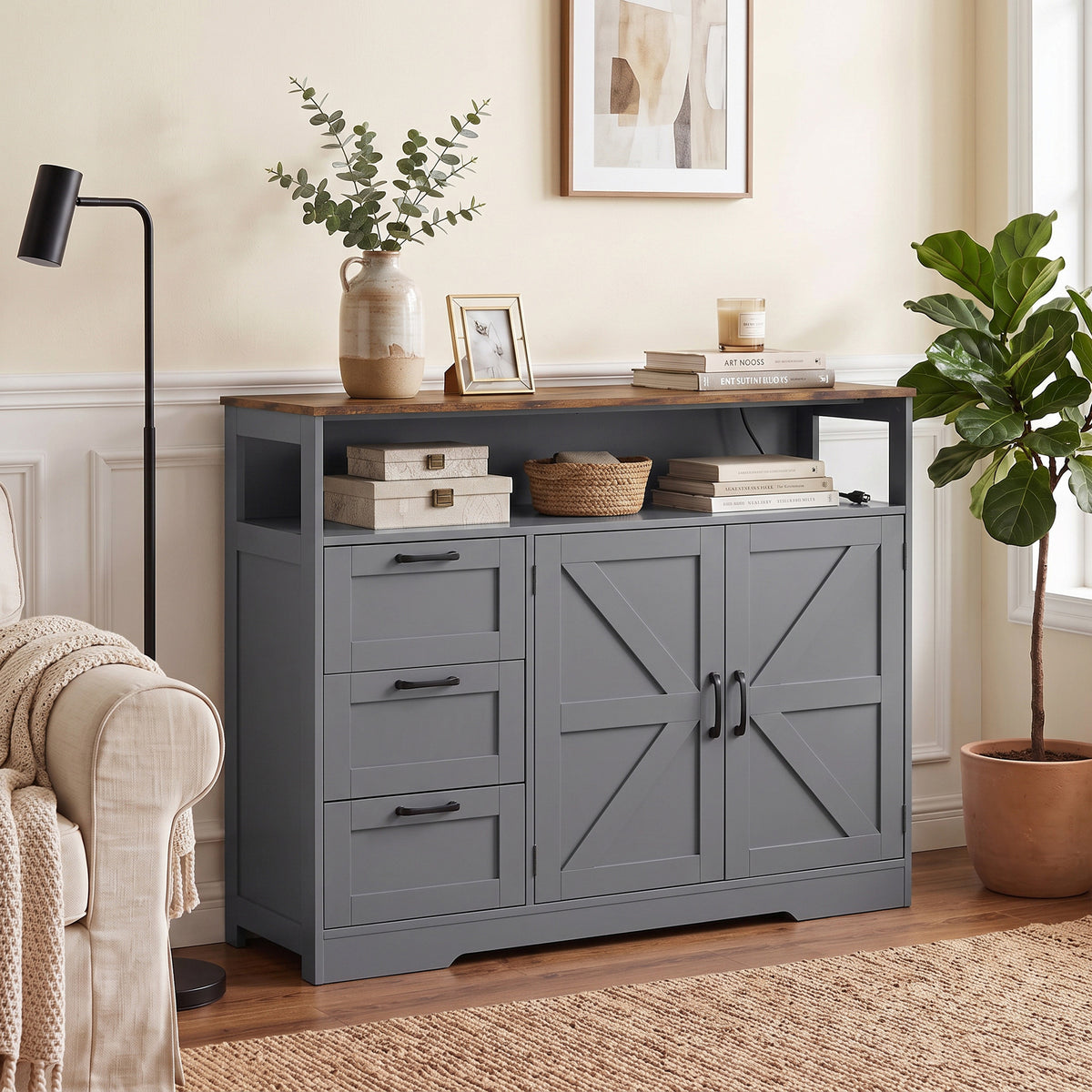 Farmhouse Sideboard with Built-In Charging Station | 2 AC Outlets USB USB-C | 3 Drawers | Adjustable Cabinet Shelf | Open Shelf | 120x35x95cm | 55kg | Melamine | TV Stand to 42in | Grey