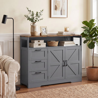 Farmhouse Sideboard with Built-In Charging Station | 2 AC Outlets USB USB-C | 3 Drawers | Adjustable Cabinet Shelf | Open Shelf | 120x35x95cm | 55kg | Melamine | TV Stand to 42in | Grey