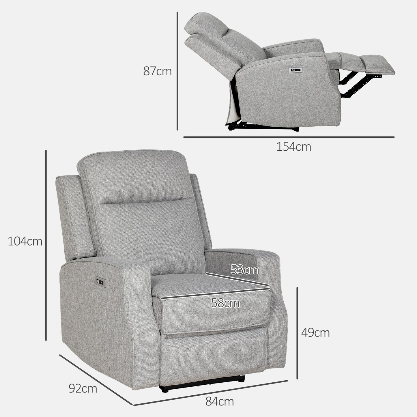 Electric Recliner Armchair, Recliner Chair with Adjustable Leg Rest, USB Port, Grey