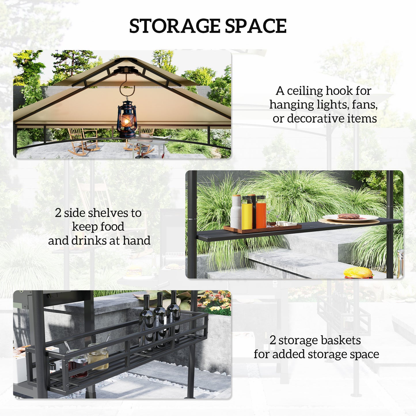 8' x 5' Grill Gazebo Canopy, Double Tiered Outdoor BBQ Gazebo Shelter with 2 Side Shelves, Storage Baskets, Hook for Garden