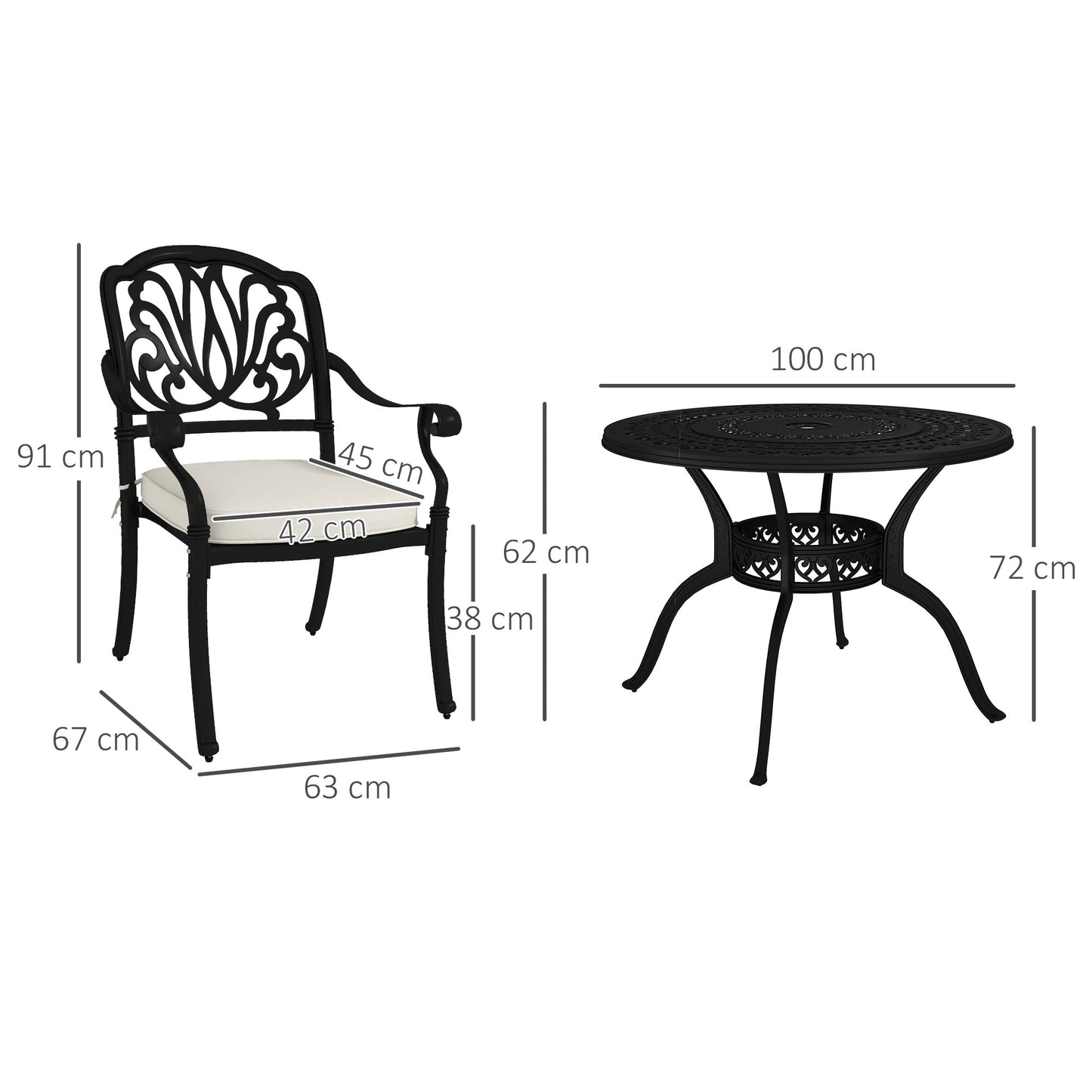 Outsunny Cast Aluminium 4 Seater Outdoor Dining Set with Cushions Parasol Hole Black