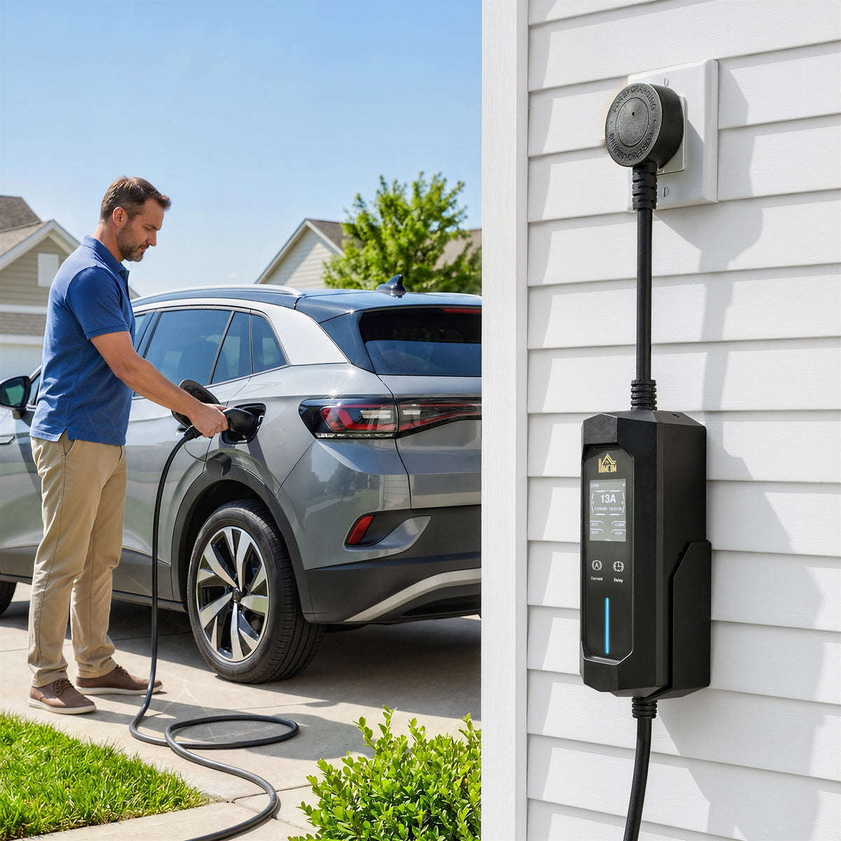 2.8kW Type 2 EV Charger with UK 3-Pin Plug | 10m IP65 TPU Cable | 6-13A Adjustable | LCD Display | 1-12h Delay Timer | ST MCU Chip | CE RoHS | -30°C to +50°C | Black