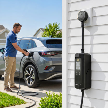 2.8kW Type 2 EV Charger with UK 3-Pin Plug | 10m IP65 TPU Cable | 6-13A Adjustable | LCD Display | 1-12h Delay Timer | ST MCU Chip | CE RoHS | -30°C to +50°C | Black