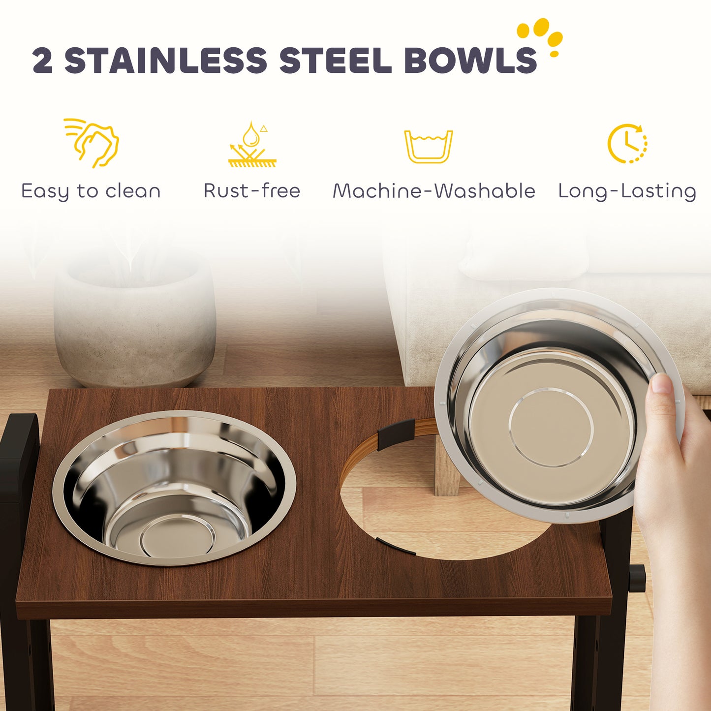 PawHut Raised Dog Bowls with Stand, 4 Heights Adjustable Pet Feeder with 3 Adjustable Angles for Small, Medium & Large Breeds, Brown