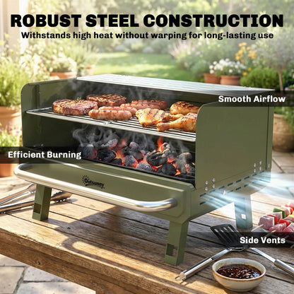 Portable Charcoal BBQ Grill | 3 Adjustable Grate Heights | 304 Stainless Steel | Foldable Legs | Side Shelf | No Assembly | 52x37x31.8cm | Green