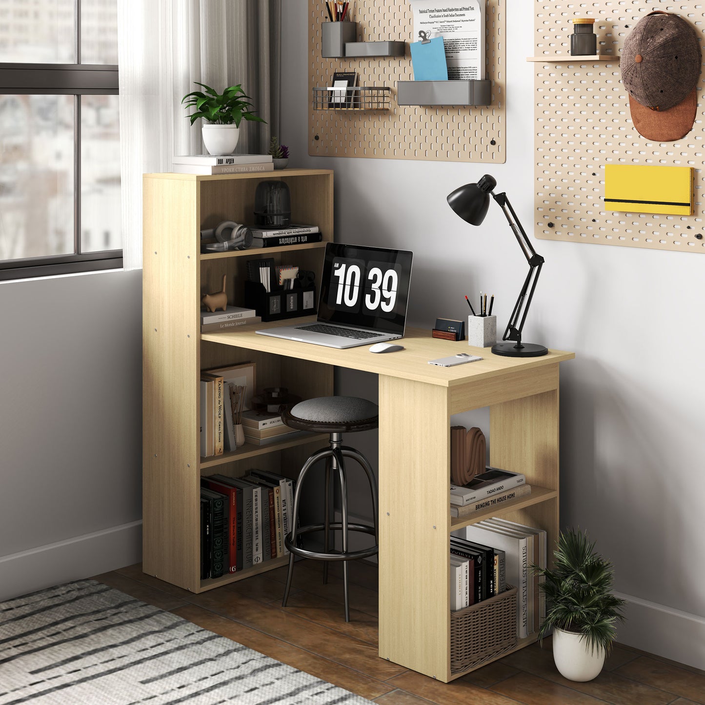 120cm Modern Computer Desk Bookshelf Study Table Workstation PC Laptop Writing Home Office 6 Shelves, Natural Wood Finish