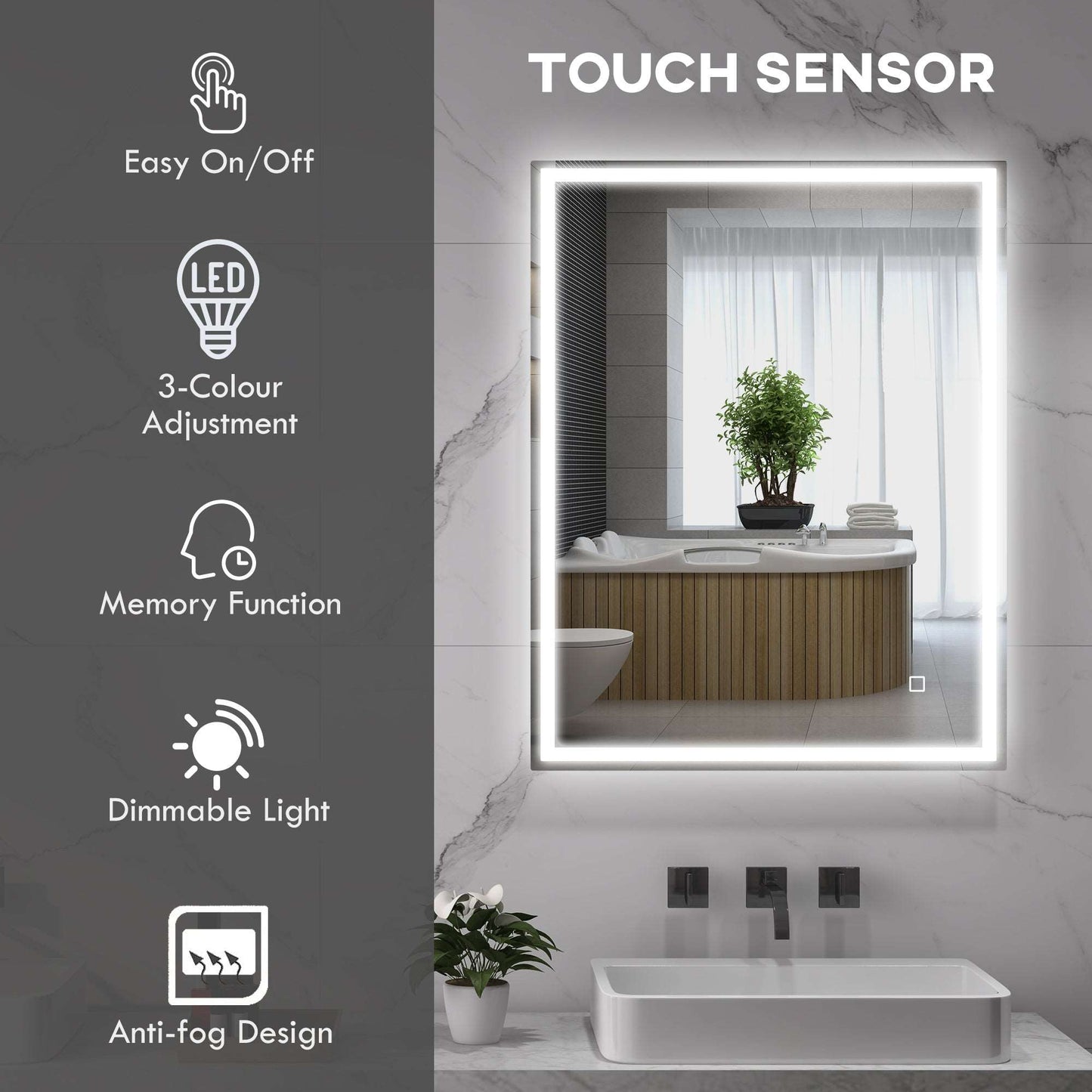 90 x 70cm LED Bathroom Mirror with Lights, Dimmable Makeup Mirror, Vanity Mirror with 3 Colour, Smart Touch, Anti-Fog