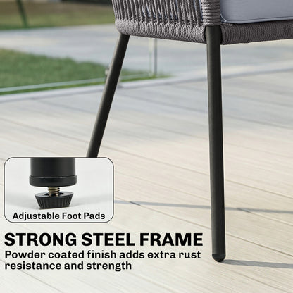 4-Piece Garden Sofa Set | PP Rope Weave | Loveseat, 2 Armchairs & Tempered Glass Table | Washable Cushion Covers | Powder-Coated Steel Frame | Adjustable Feet | Dark Grey
