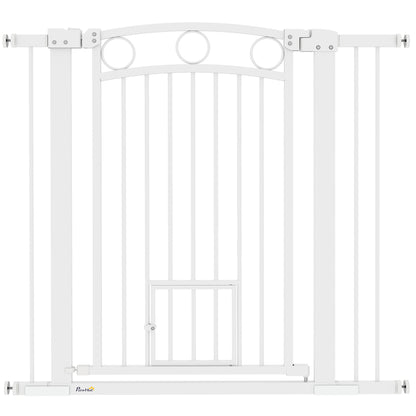 PawHut 96cm Tall Dog Gate with Cat Door, 7cm and 14cm Extensions, for Stairs & Doorways, 76-104cm Width