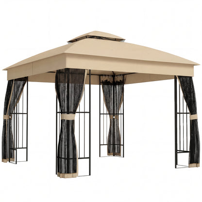 3x3m Permanent Garden Gazebo | Double-Tier UPF50+ Roof | Mesh Panels | Integrated Corner Shelves | Triangular Powder-Coated Posts | Adjustable Struts | Ground Stakes | Brown
