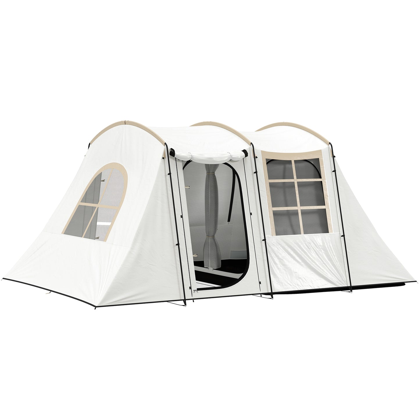 3-4 Man Tunnel Tent, Family Camping Tent with Porch, Bedroom and Living Area, Sewn in Groundsheet, 3000mm Waterproof, Portable with Bag - Khaki