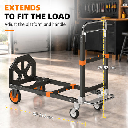 2-in-1 Folding Sack Truck & Platform Trolley | 220kg Flatbed / 120kg Upright | Extendable Frame & Telescopic Handle | Black & Orange
