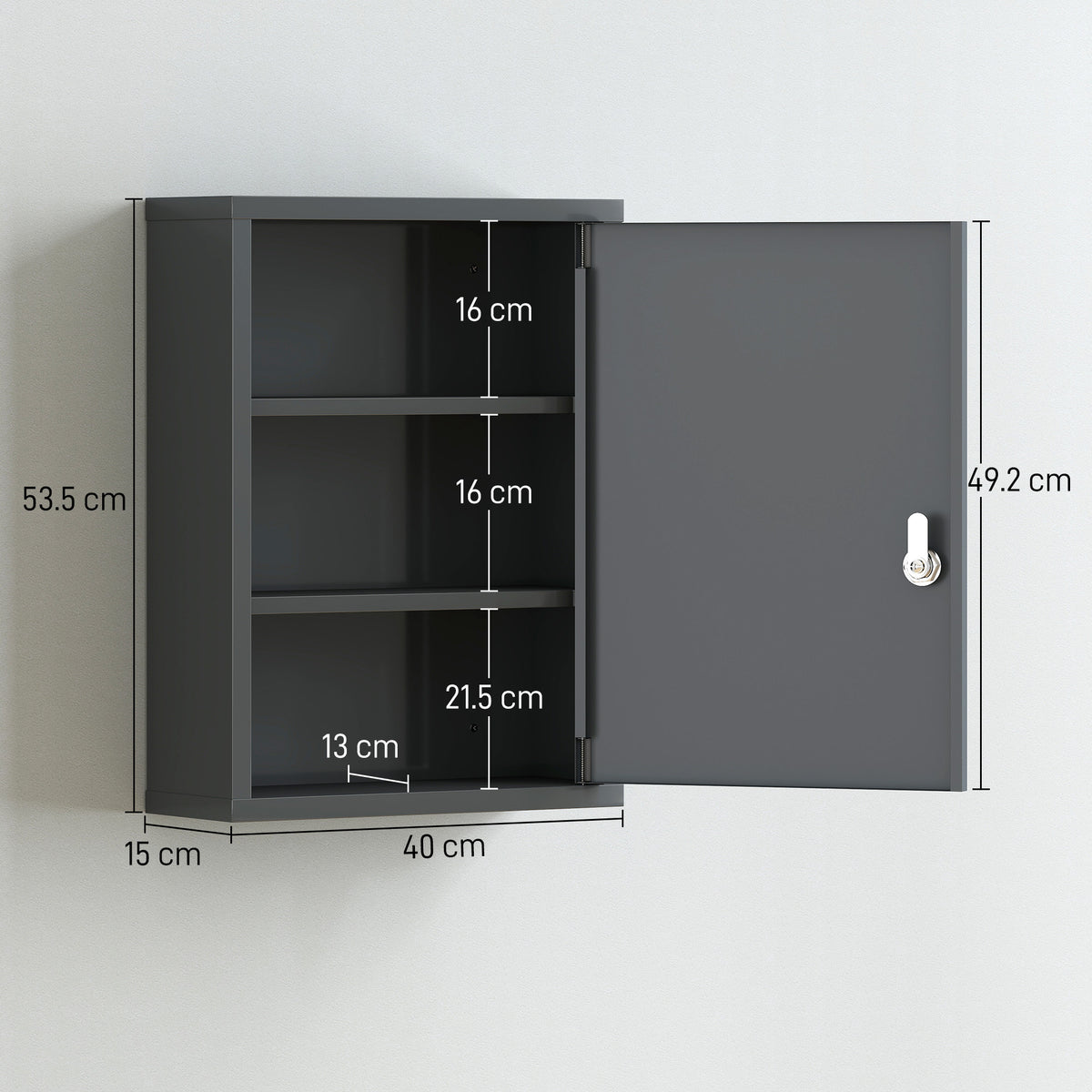 Kleankin Locking Medicine Cabinet | Smoke Grey Cold-Rolled Steel | 40x15x53.5cm | 3 Tiers | Lock & 2 Keys | Wall-Mounted | First Aid Cross | 15kg | No Assembly