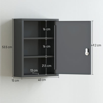 Kleankin Locking Medicine Cabinet | Smoke Grey Cold-Rolled Steel | 40x15x53.5cm | 3 Tiers | Lock & 2 Keys | Wall-Mounted | First Aid Cross | 15kg | No Assembly