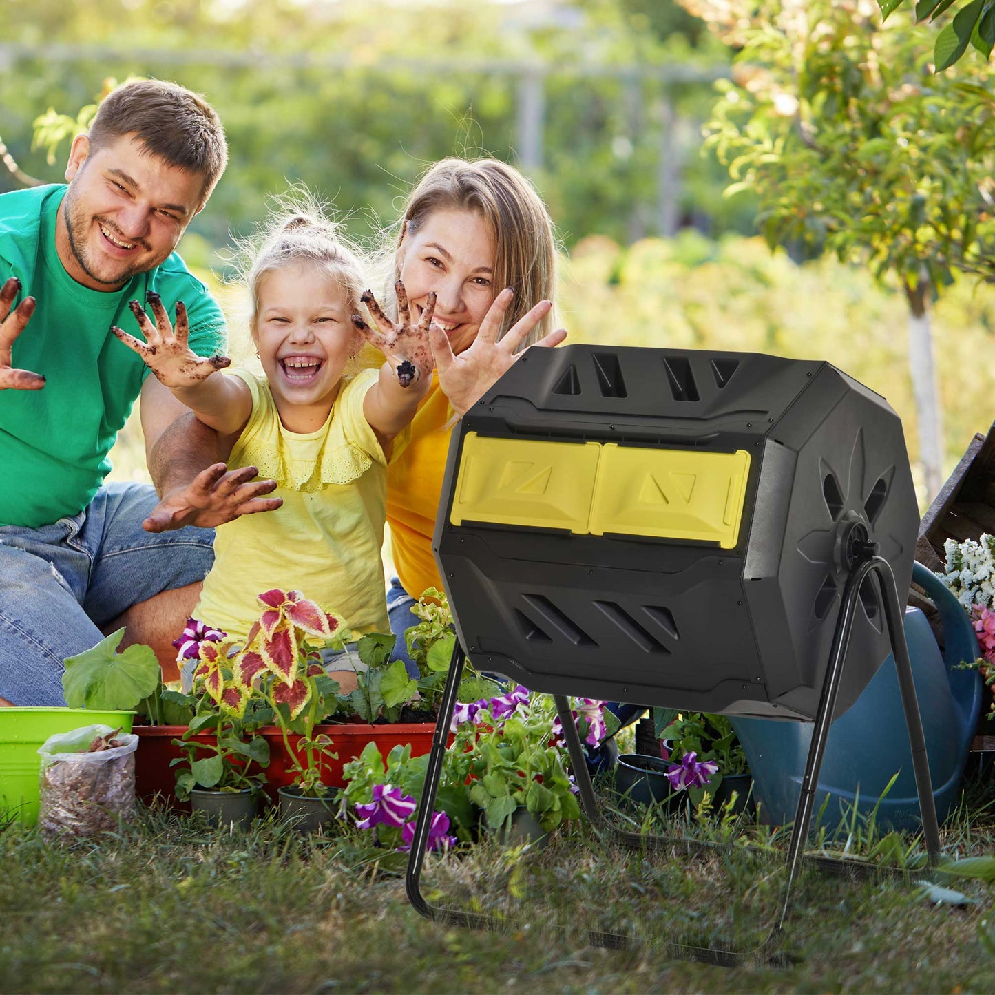 160L Tumbling Compost Bin Outdoor Dual Chamber 360° Rotating Composter, Garden Compost Bin w/ Sliding Doors & Solid Steel Frame, Yellow