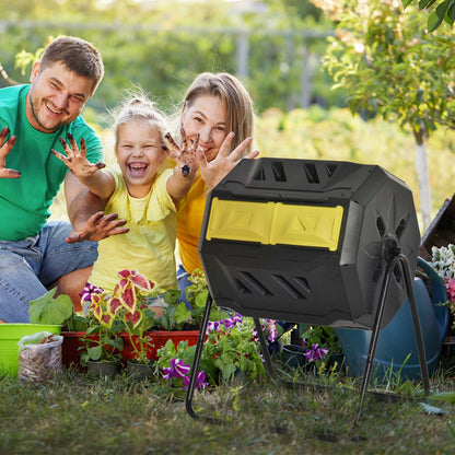 160L Tumbling Compost Bin Outdoor Dual Chamber 360° Rotating Composter, Garden Compost Bin w/ Sliding Doors & Solid Steel Frame, Yellow